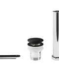 Top Shelf Pop Up Drain And Overflow Kit Matte Black Finish For Freestanding Tub components including drain, cover, and pipe.