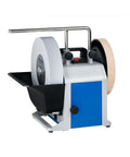 Heavy Duty Water Cooled Knife Sharpener Kit With Rock Solid Universal Support Bar And Precision Guide Jig Plus Roomy Accessory Case Bundle showing grinding machine with wet tub and grinding wheels.