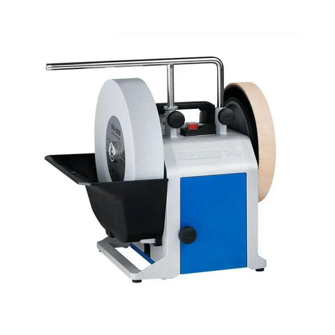 Heavy Duty Water Cooled Knife Sharpener Kit With Rock Solid Universal Support Bar And Precision Guide Jig Plus Roomy Accessory Case Bundle showing grinding machine with wet tub and grinding wheels.