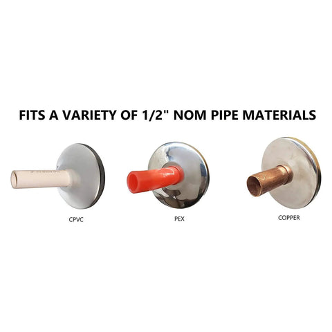 Slick 1/2 In Escutcheon Plates With Badass Sure-Grip Seal fit for CPVC, PEX, and Copper pipes, showcasing snug fit design.