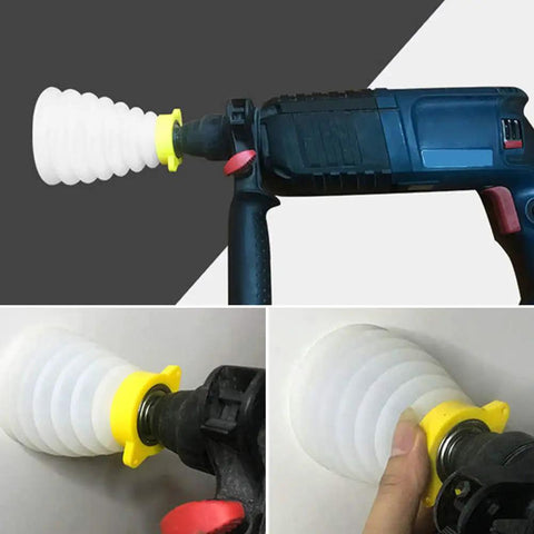 Silicone Drill Dust Cover Baffle with Quick Attach Dust Collector, installed on an electric drill, shown in three views.