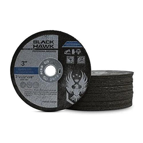 Front view: 3-inch Black Hawk metal cut-off wheel for die grinder, 1/32 in thick, 3/8 in arbor, 25-pack.