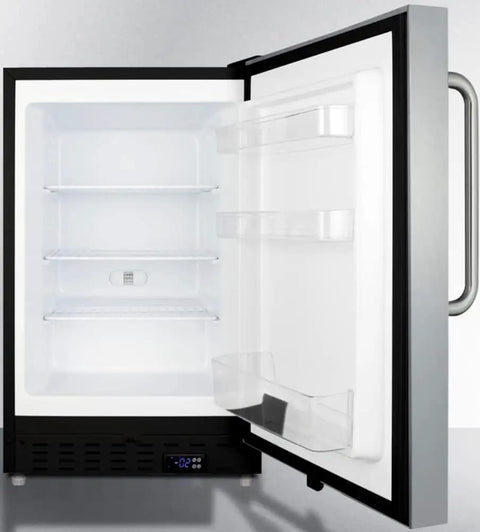 Game Changer Undercounter All Freezer With Stainless Steel Finish And Slick Towel Handle Roomy Door Racks Adjustable Thermostat Quick Defrost Fits Like A Glove In Small Rooms interior view with shelves