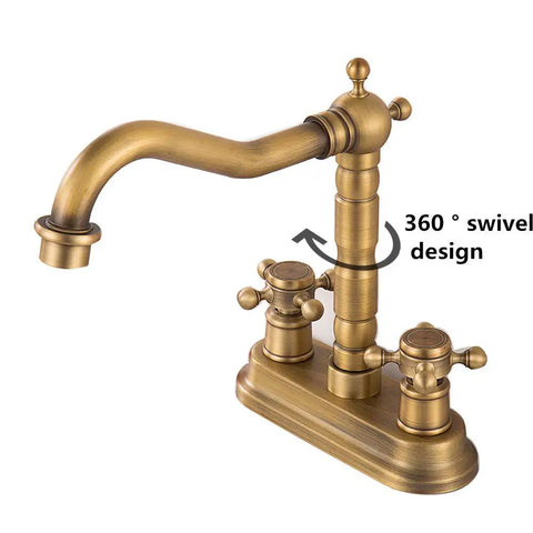 Old School Antique Brass Centerset Bathroom Faucet With Two Handles, Pop Up Drain And Hoses, 360 Degree Swivel Cross Knobs