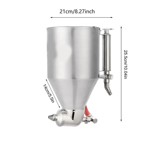 Big Time Cement Mortar Sprayer With 3.5L Reservoir Tank, stainless steel, showing pot dimensions for textured paint application.