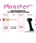 Diagram of Monster 17/18/26 Series TIG torch parts, highlighting gas lens, torch body, and back caps with product numbers.