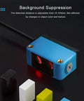 Background Suppression Diffuse Photoelectric Sensor With 10 To 350 Mm Range, 12 To 24 V DC, PNP Output, Color Insensitive Detection, Built For Tough Industrial Use on blue sensor housing