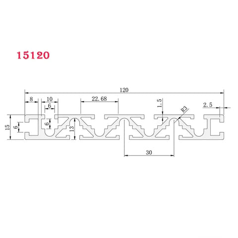 Super Durable T-Slot Aluminum Extrusion Profile Bar For Custom 3D Printer Frames And Equipment Builds With Uniform Anodized Finish Resisting Oxidation, 120mm length, technical drawing with dimensions.