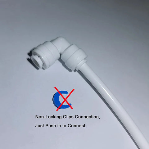 White plastic 90° tubing elbow connector for 1/4" tubing with blue push-in clip.