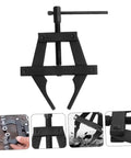 Pro Level Motorcycle Chain Tensioner Tool For Quick Adjustment And Easy Chain Removal Compact Bike Chain Adjuster shown in black steel with adjustable knobs.