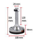 Rugged Heavy Duty Adjustable Leg Levelers Set For Workbenches And Cabinets Built Tough Carbon Steel with rubber non-slip base, dimensions shown.