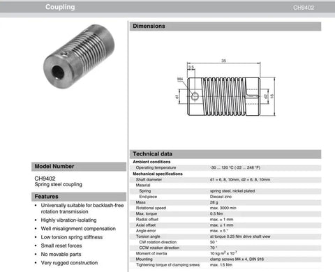 Beefy Flexible Shaft Coupler With Coiled Steel Springs 2 Pack, 8mm bore steel coupling, technical specifications and dimensions.