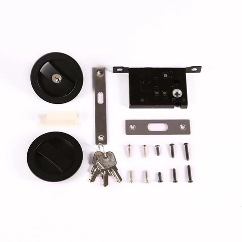 Invisible Barn Wood Sliding Door Lock Hardware with cup handle and keys, black finish, 2.95 inch, zinc alloy, corrosion resistant