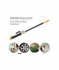 Pro Grade Heavy Duty High Pressure Garden Hose Nozzle Sprayer Gun Attachment With Brass Coupler, shown with turbo jet wand and usage examples.