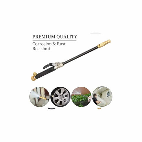 Pro Grade Heavy Duty High Pressure Garden Hose Nozzle Sprayer Gun Attachment With Brass Coupler, shown with turbo jet wand and usage examples.
