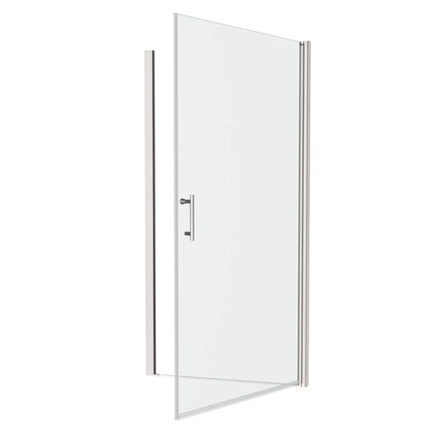 Rugged Chrome Shower Door Pivot Hinges For Outward Opening Enclosures, Adjustable 30 To 31 And 3 Eighths Inches, One Quarter Inch Tempered Glass, Built To Last 36,000 Open Close Cycles, Modern Aluminum Frame With Stainless Steel Handle on shower door