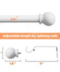Heavy Duty Adjustable Curtain Rod Set 66 To 120 Inches For Outdoor Patio And Sliding Glass Doors Five Eighths Inch Splicing Rod In Matte White With Brackets And Ball Finials, detailed measurements and parts shown.