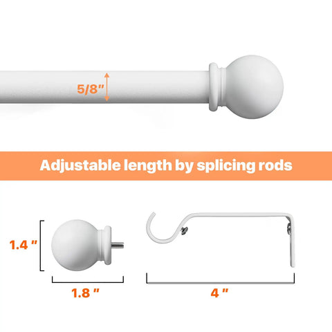 Heavy Duty Adjustable Curtain Rod Set 66 To 120 Inches For Outdoor Patio And Sliding Glass Doors Five Eighths Inch Splicing Rod In Matte White With Brackets And Ball Finials, detailed measurements and parts shown.