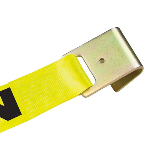 Close-up of flat hook on Built Tough Heavy Duty Ratchet Strap Set With Flat Hooks 4 Inch By 27 Foot 2 Pack Bright Yellow Load Tie Downs.