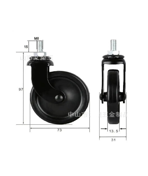 Four Pack 3 Inch Lead Screw Casters With Brakes, Silent Universal PP Wheels For Furniture, Trolleys And Dining Tables, side view