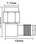 Technical diagram of Dope Upgraded SMA Right Angle Connector 90 Degree Adapter Twin Pack with dimensions 15x7.7 mm