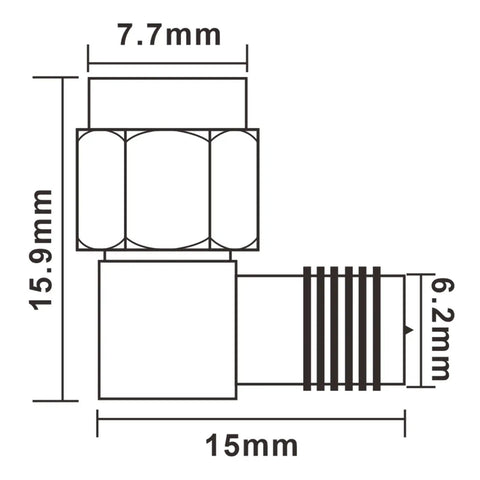 Technical diagram of Dope Upgraded SMA Right Angle Connector 90 Degree Adapter Twin Pack with dimensions 15x7.7 mm