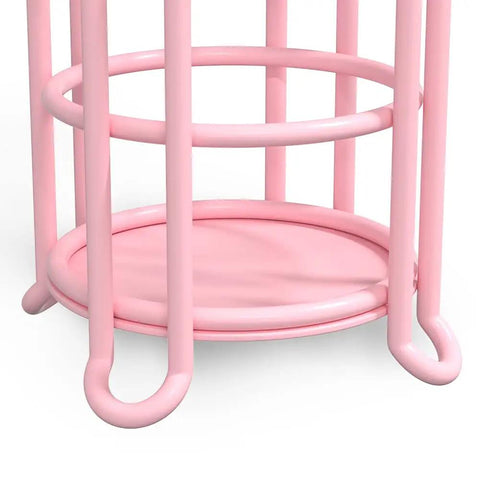 Bottom view of Pink Floor Standing Toilet Paper Holder with Extra Shelf and Back Up Storage Dispenser, showing pink metal base.