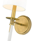 One Light Wall Sconce 808-1S-RB-WH Brass Finish with white shade, close-up on rubbed brass base and crystal rod, modern classic style