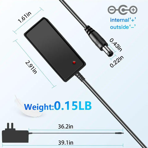 Dimensions and weight details of 12V 0.5A DC Power Supply Adapter For CCTV Surveillance Systems And LED Strip Lights 6W Universal AC To DC Converter 100V To 240V Input With 5.5x2.5mm Center Positive Plug 3ft Cord.