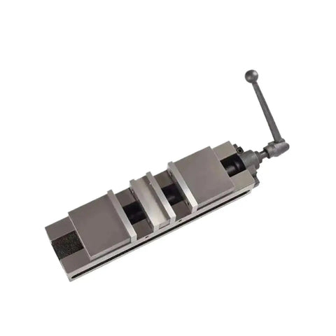 Pro Grade CNC Machine Vise Featuring Double Action Lockdown And Slick Quick Swap Slide Bar For Fast Jaw Tweaks On Metalwork Bench Jobs Comes In Four Or Six Inch Sizes For Dead Tight Grip Every Time, top view, silver metal construction.