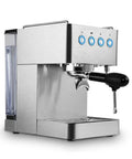 Semi Automatic Espresso Machine With Built In Milk Frother And One Touch Steam Wand for lattes with stainless steel design and controls.