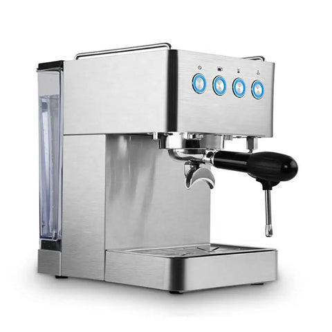 Semi Automatic Espresso Machine With Built In Milk Frother And One Touch Steam Wand for lattes with stainless steel design and controls.