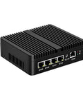 Silent Fanless Mini Pc Featuring Intel J6412 Processor, Quad 2.5 Gigabit Ethernet Ports, Sim Card Slot, 8 Gb Ram, 128 Gb Ssd, Hassle Free Setup And Knockout Speed, compact black mini PC with multiple Ethernet ports.
