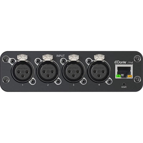 Four XLR Mic And Line Inputs Dante Audio Network Interface front view showing four XLR inputs and Ethernet port.