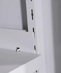 Lockable Steel Tool Cabinet With Multiple Shelves Pro Grade Heavy Duty Tool Storage Organizer For Garage Or Workshop Stacking Metal Cabinet With Secure Locking System Handy Combo Lock For Warehouse Tools, white steel side close-up