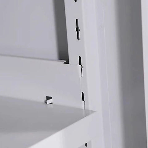 Lockable Steel Tool Cabinet With Multiple Shelves Pro Grade Heavy Duty Tool Storage Organizer For Garage Or Workshop Stacking Metal Cabinet With Secure Locking System Handy Combo Lock For Warehouse Tools, white steel side close-up