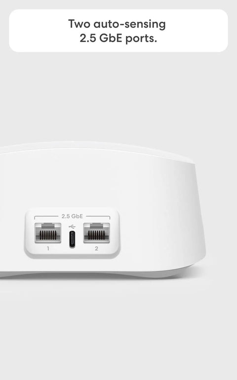 Unstoppable WiFi Upgrade With The Newest Eero 7 Dual Band Mesh Router, showcasing two 2.5 GbE ports on the back.