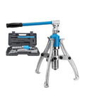 Heavy Hitting 20 Ton Hydraulic Gear Puller With Relentless Alloy Claws, steel frame, removing seized bearings, blue handle.