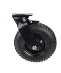 Eight Inch Heavy Duty Pneumatic Rubber Wheel Featuring A Rock Solid Side Brake Flanged Track Base For Hella Smooth Cruising and easy maneuvering.