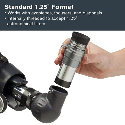 2X Barlow Lens For 1.25 Inch Telescope Eyepieces With Threaded Barrel Doubles Magnification While Keeping Eye Relief Fully Multi Coated Optics With Blackened Edges For Superior Light Transmission, inserted in telescope diagonal