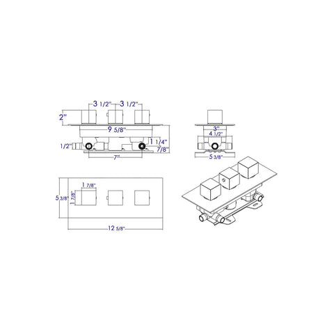 HomeStock Modern Rectangle Thermostatic Shower System Trim Kit with Pressure Balance Valve Matte Black Finish dimension diagram.