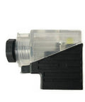 Ridiculously Durable Proportional Solenoid Valve Plug Coil R901017022 with clear body, black base, and integrated lamp for hydraulic systems.