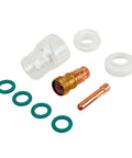 Stout 9-Piece TIG Welding Accessories Kit With #12 Glass Cup For WP-17 And WP-18 Torch Setup includes #12 glass cup, body, collet, and rings.
