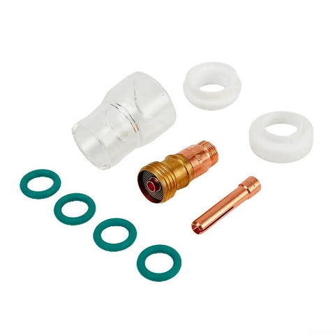 Stout 9-Piece TIG Welding Accessories Kit With #12 Glass Cup For WP-17 And WP-18 Torch Setup includes #12 glass cup, body, collet, and rings.