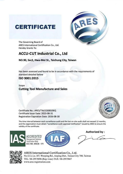 Certificate document front view with ARES, IAS and IAF seals and a QR code.