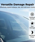 Windshield Crack Repair Kit For Cars With Glass Repair Liquid To Fix Chips And Cracks Fast And Easy Auto Window Mirror And Glass Repair Tool Set For DIY Car Maintenance And Quick Fix, featuring bullseye, star, and half-moon crack repair features.