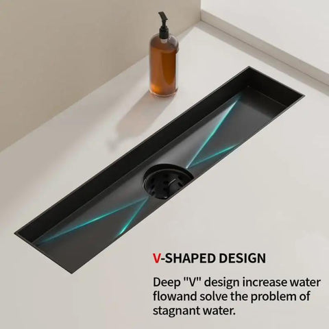 12 Inch Black Linear Shower Drain Crafted From Premium 304 Stainless Steel Featuring Adjustable Leveling Feet And Sturdy Hair Strainer with V-shaped design.