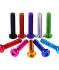 Five Piece M5 Hex Socket Round Head Screws Set 0.8mm Pitch Aluminum Alloy Anodized Colorful Brown and Orange Bike Accessory M5x15mm Easy Fit for Bicycle Frames and Components, assorted colors, front view.