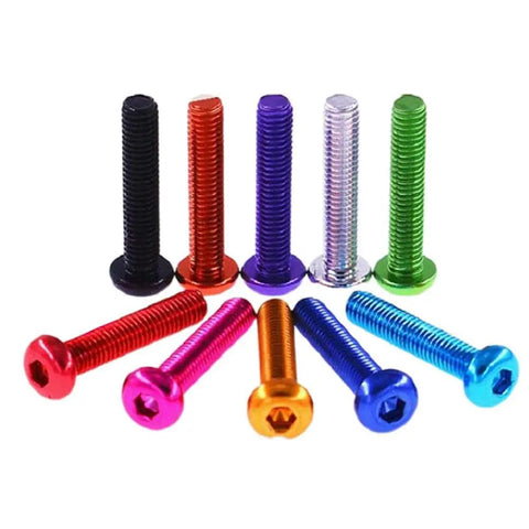 Five Piece M5 Hex Socket Round Head Screws Set 0.8mm Pitch Aluminum Alloy Anodized Colorful Brown and Orange Bike Accessory M5x15mm Easy Fit for Bicycle Frames and Components, assorted colors, front view.