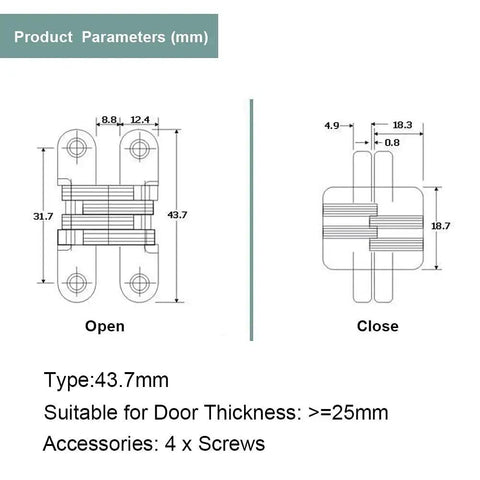 Diagram of Zinc Alloy Hidden Hinge For Folding Doors, Concealed Cross Hidden Hinge Set with dimensions 43.7mm